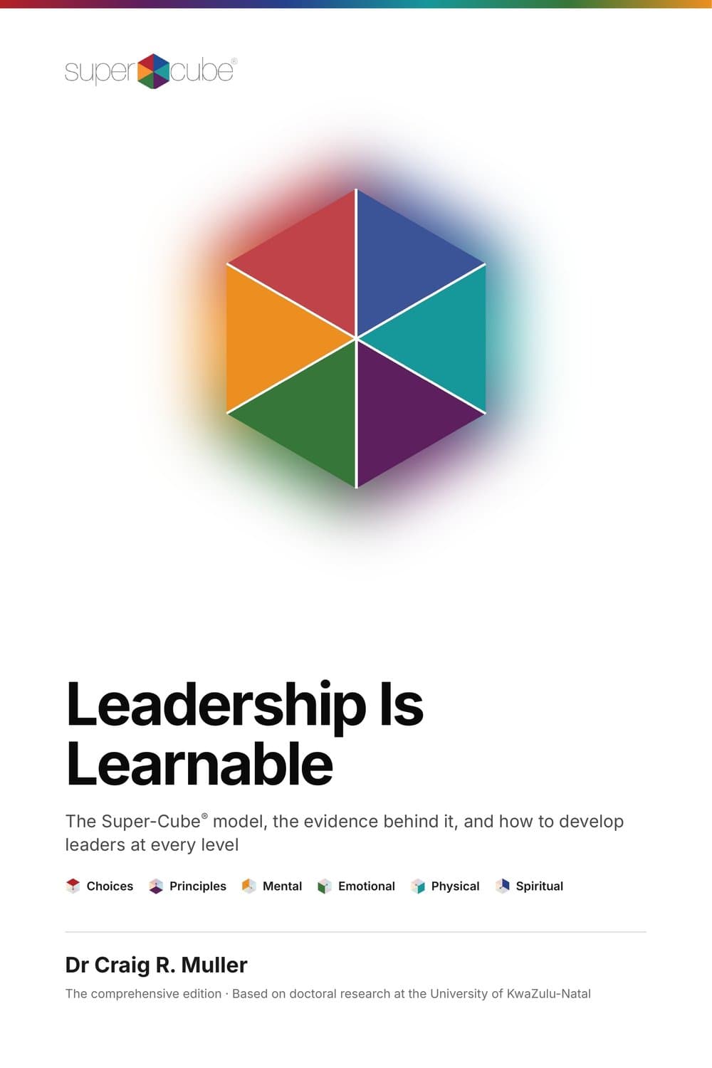 Cover of Leadership Is Learnable by Dr Craig R. Muller: a glowing six-colour Super-Cube® on white