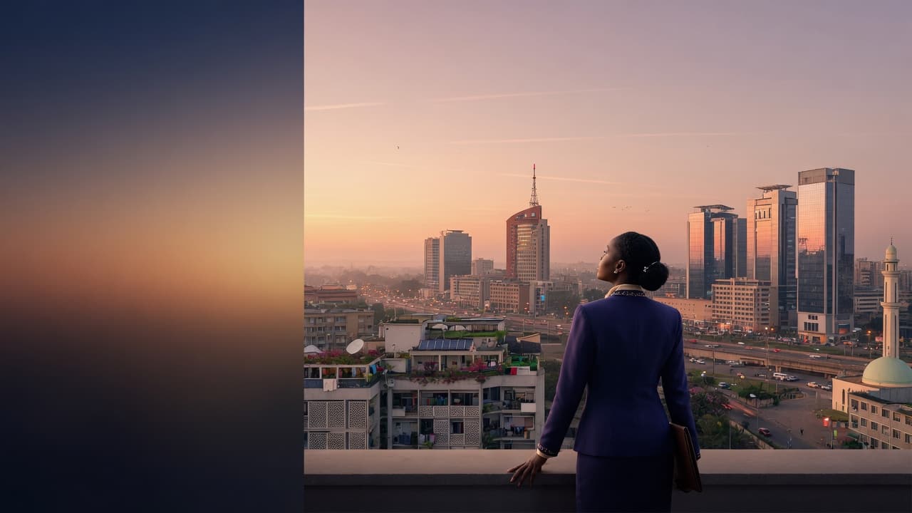 Leader overlooking a modern African city skyline at dawn