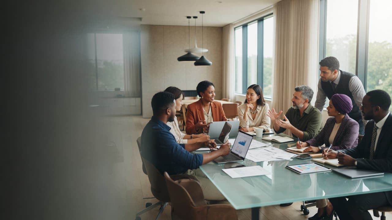 Diverse professionals collaborating in a modern leadership workshop