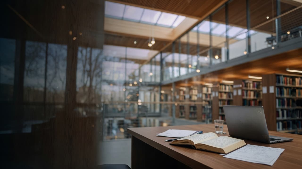 University research library desk with books and laptop