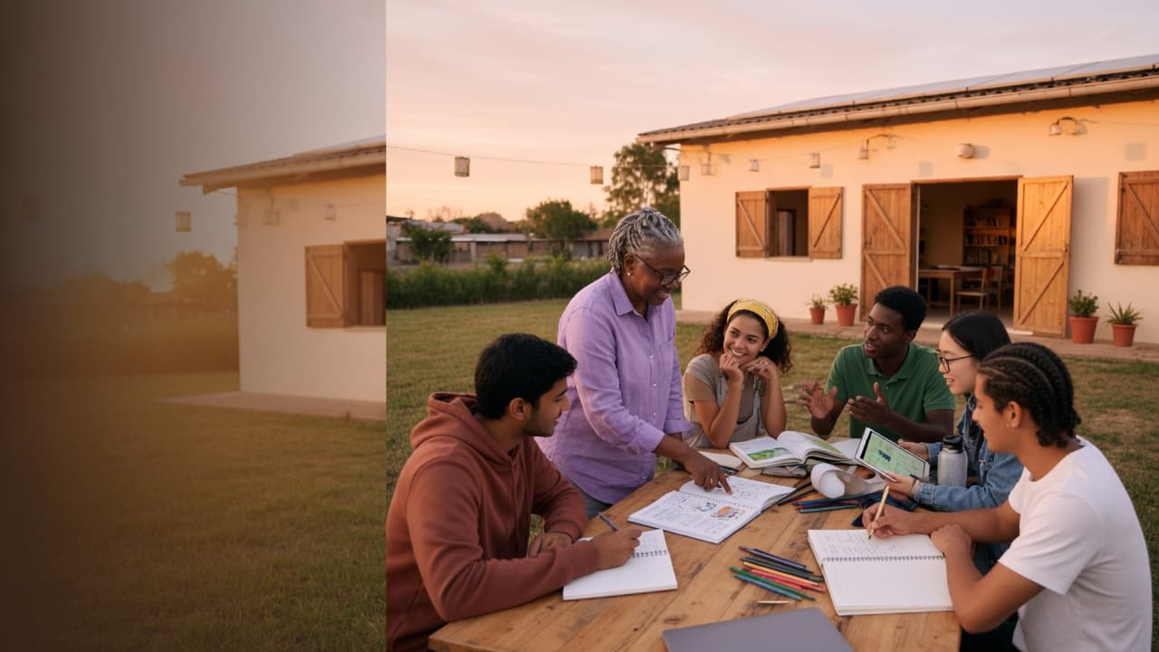 Mentor and young people learning outdoors — quality education and development