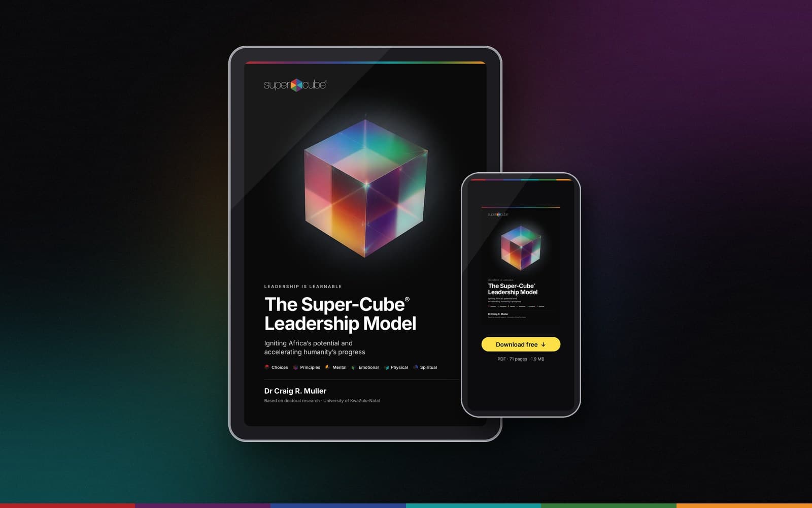 The black cover of The Super-Cube® Leadership Model by Dr Craig R. Muller on a tablet and a phone, with a Download free button